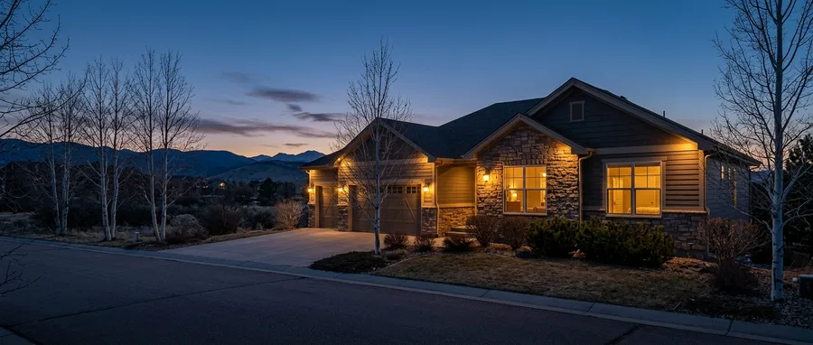 Dusk exterior of a single-family Front Range home with porch light, garage light and soffit lights all lit, warm windows, bare aspens at the kerb, indigo sky over the foothills