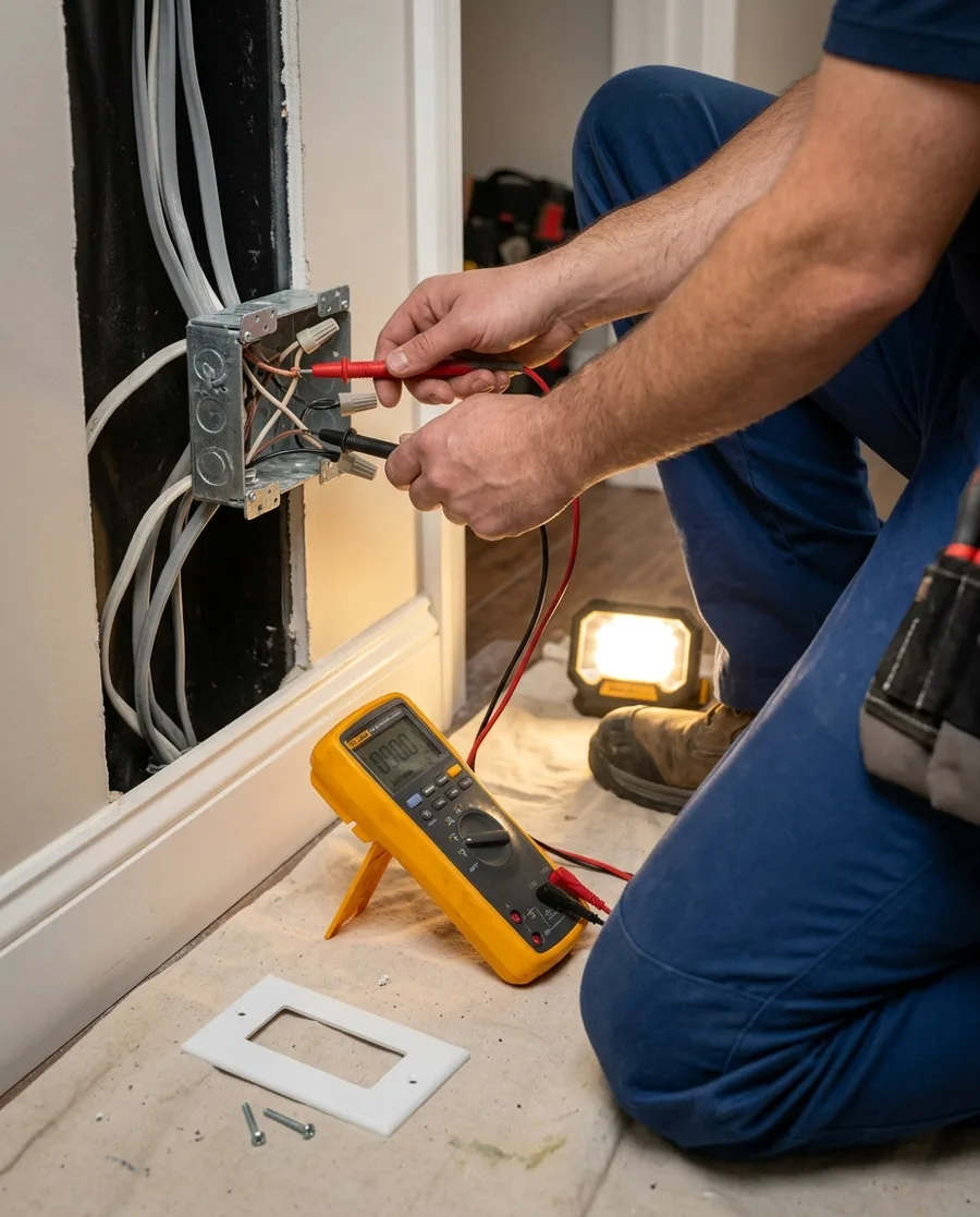 An electrician kneeling at an opened wall junction box in a finished hallway, multimeter probes held on the connected conductors, cable runs disappearing into the wall, cover plate and screws on the floor beside a work light