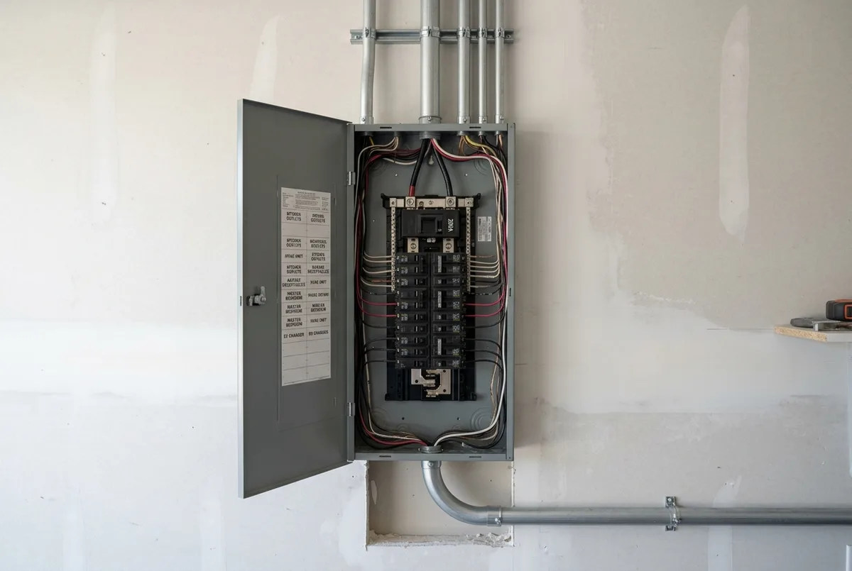The same finished garage wall with a new 200A load centre, breaker door open on labelled circuits, EMT conduit joined into the wall above and below, flat daylight