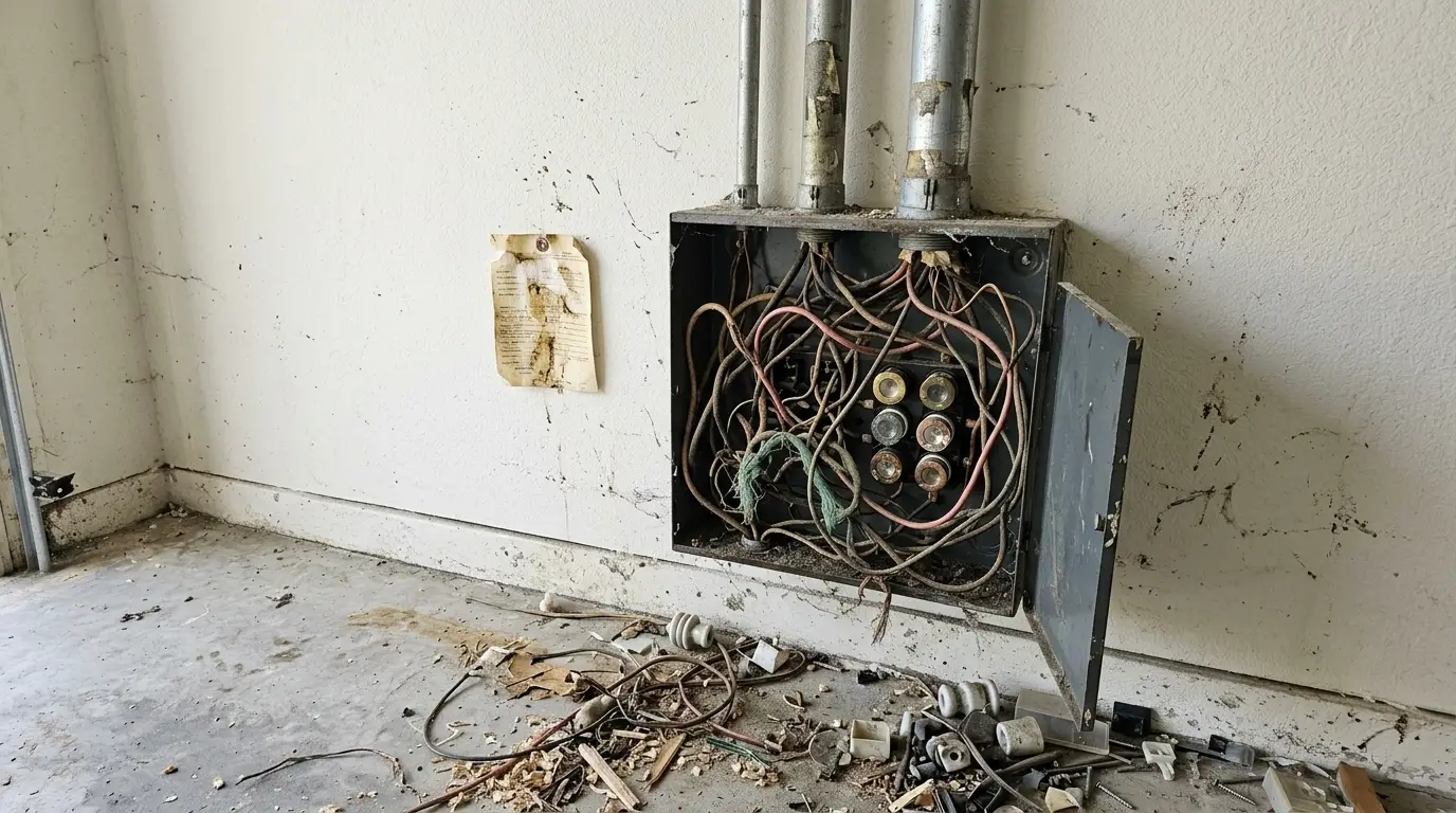 Before: A newly installed 200A load centre on a finished suburban garage wall, its door open on labelled breakers, EMT conduit entering the top and running into the wall, flat daylight from the open garage door, floor visible at lower left